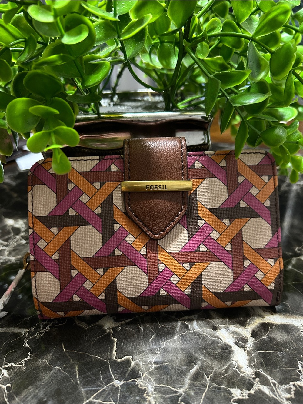 Fossil Geometric Woven-Print Wallet in Pink, Orange & Brown